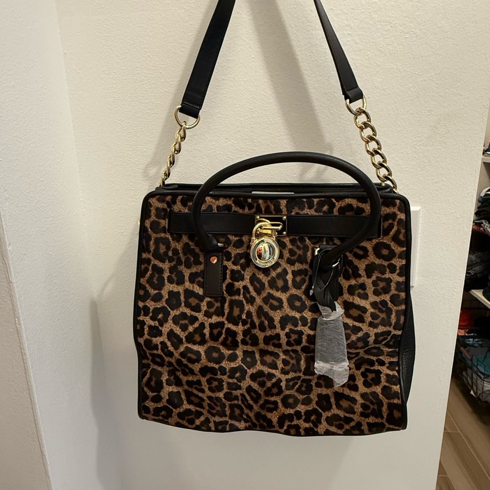 Michael Kors Leopard Print Shoulder Bag with Black and Gold Accents